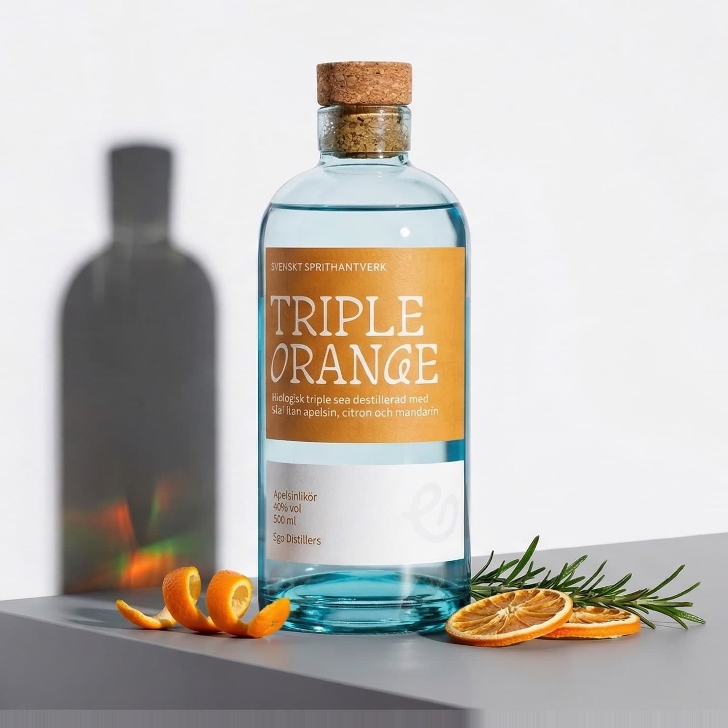 Flaska Triple Orange med apelsinskal och rosmarin, fotograferad i studio